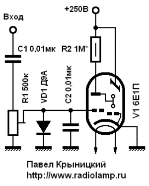 Схема применения оптического индикатора в усилителе